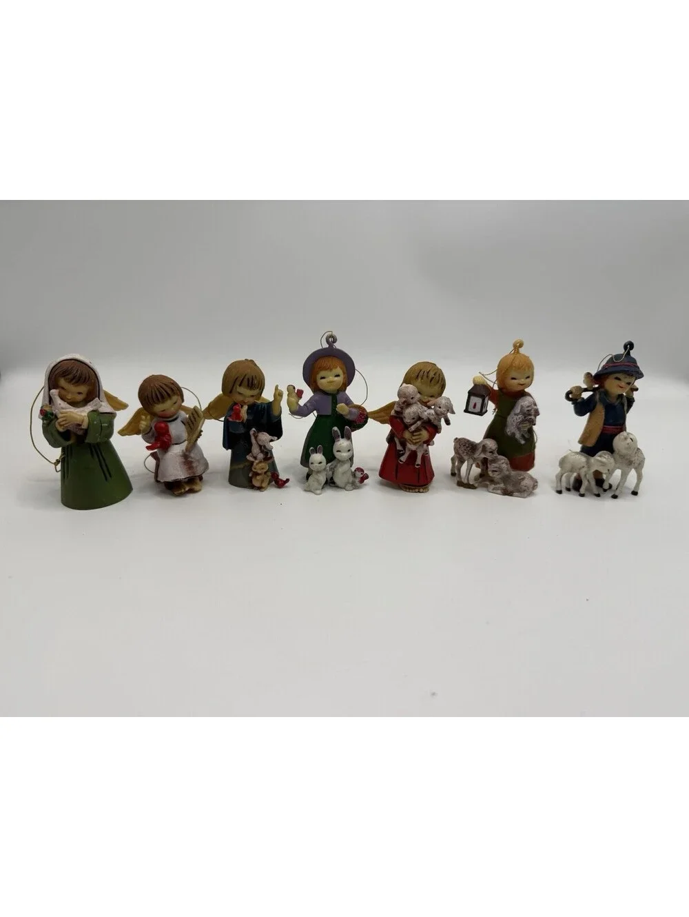 Vintage 1960s Little Angels Christmas Ornaments Bunnies Sheep Bird Set Of 7